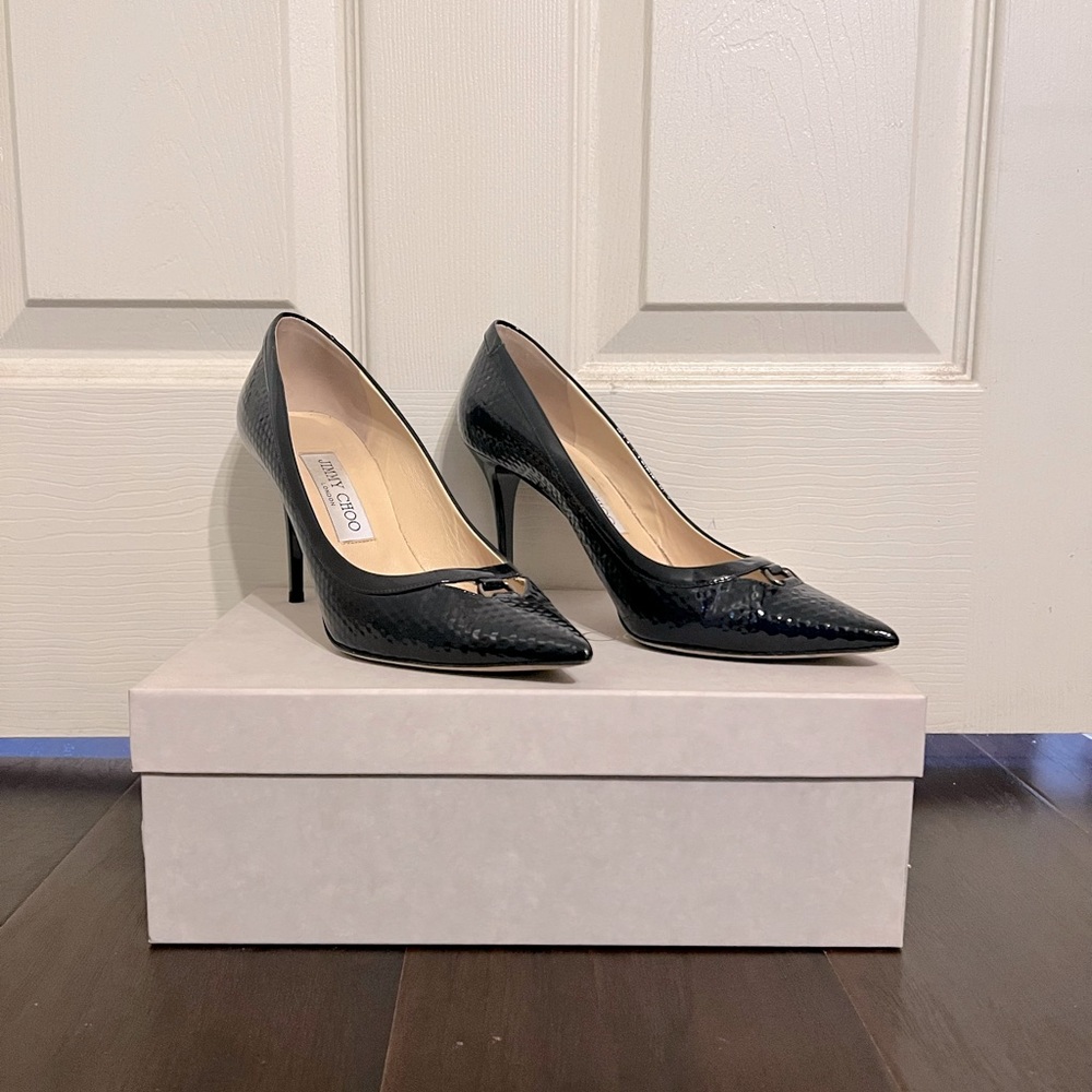 Jimmy Choo Navy Blue Cubed Print Heels Size 38